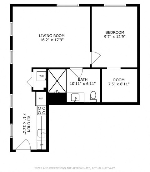 Floor plan for 1 bed, 1 bath, 696 sqft